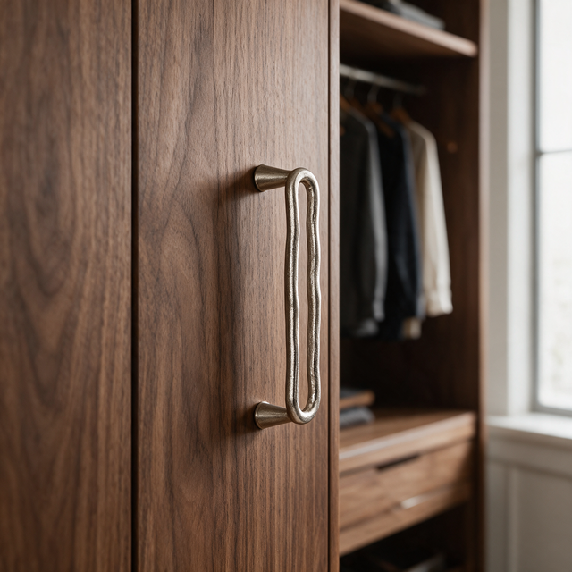 Santaya 63578-116-NB PVD nickel-silver brass cabinet pull installed vertically on walnut wardrobe cabinetry