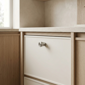 Santaya brushed nickel-silver brass cabinet handle installed in a luxury kitchen