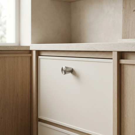 Santaya brushed nickel-silver brass cabinet handle installed in a luxury kitchen