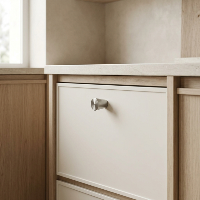 Santaya brushed nickel-silver brass cabinet handle installed in a luxury kitchen