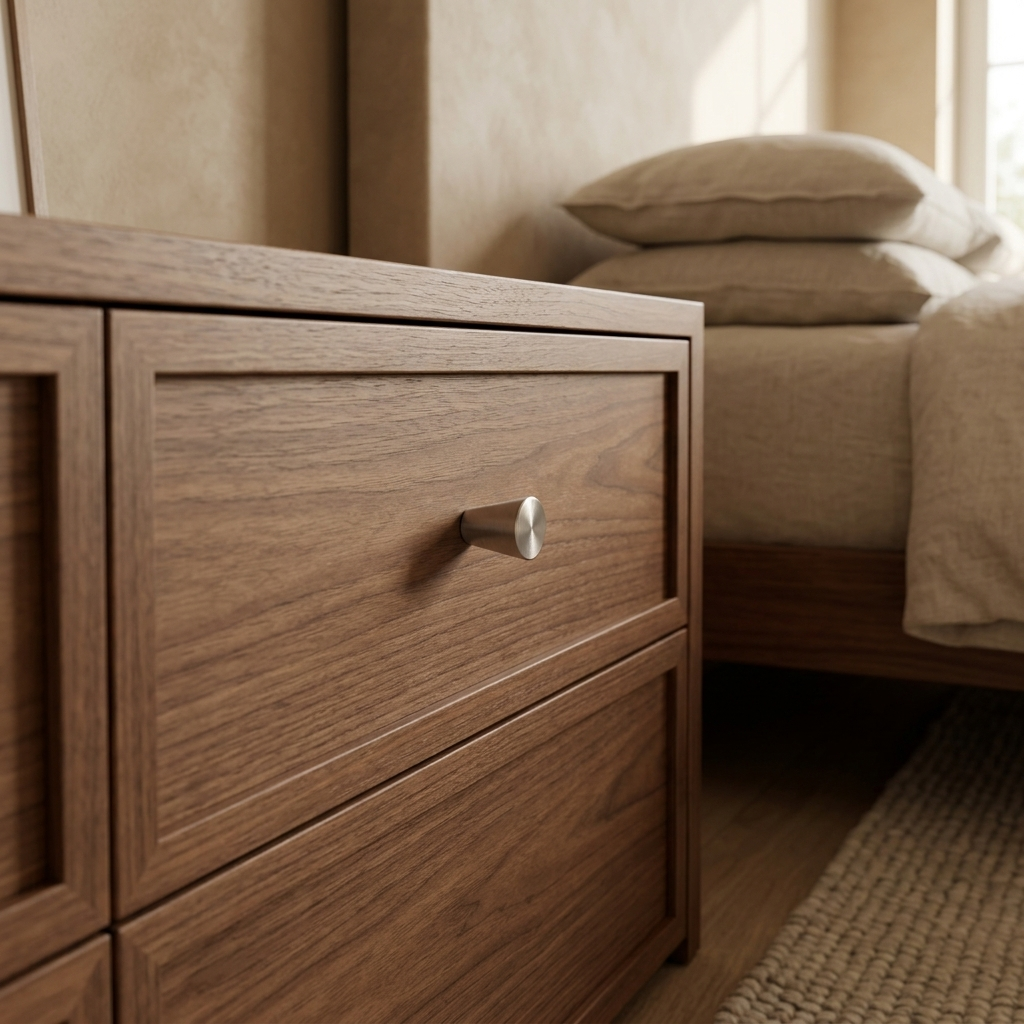 Santaya brushed nickel-silver brass furniture handle installed on premium wardrobe cabinetry