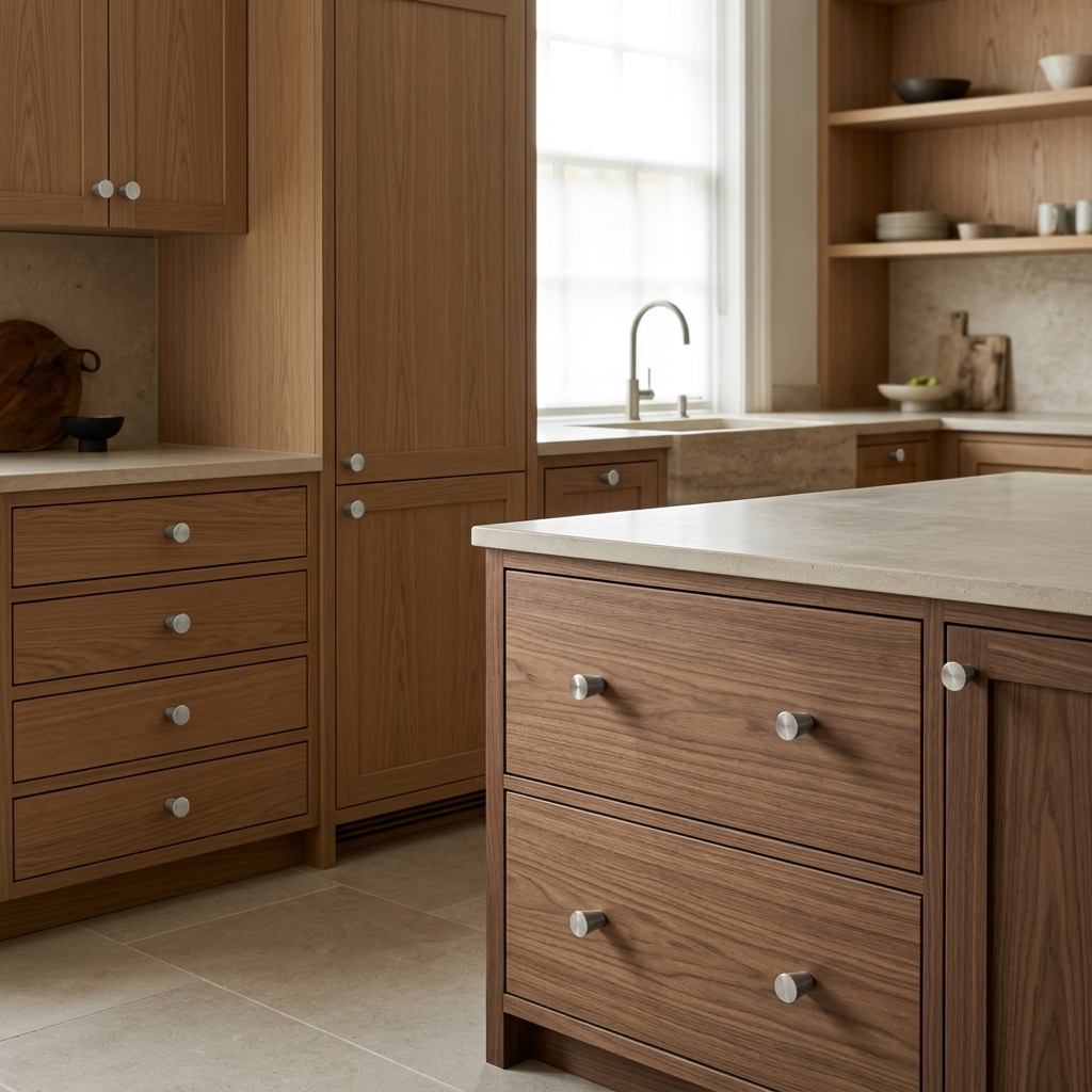 Multiple identical Santaya brushed nickel-silver brass handles installed on luxury cabinetry