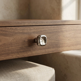 Santaya square PVD nickel silver brass furniture handle installed on walnut bedroom wardrobe cabinetry
