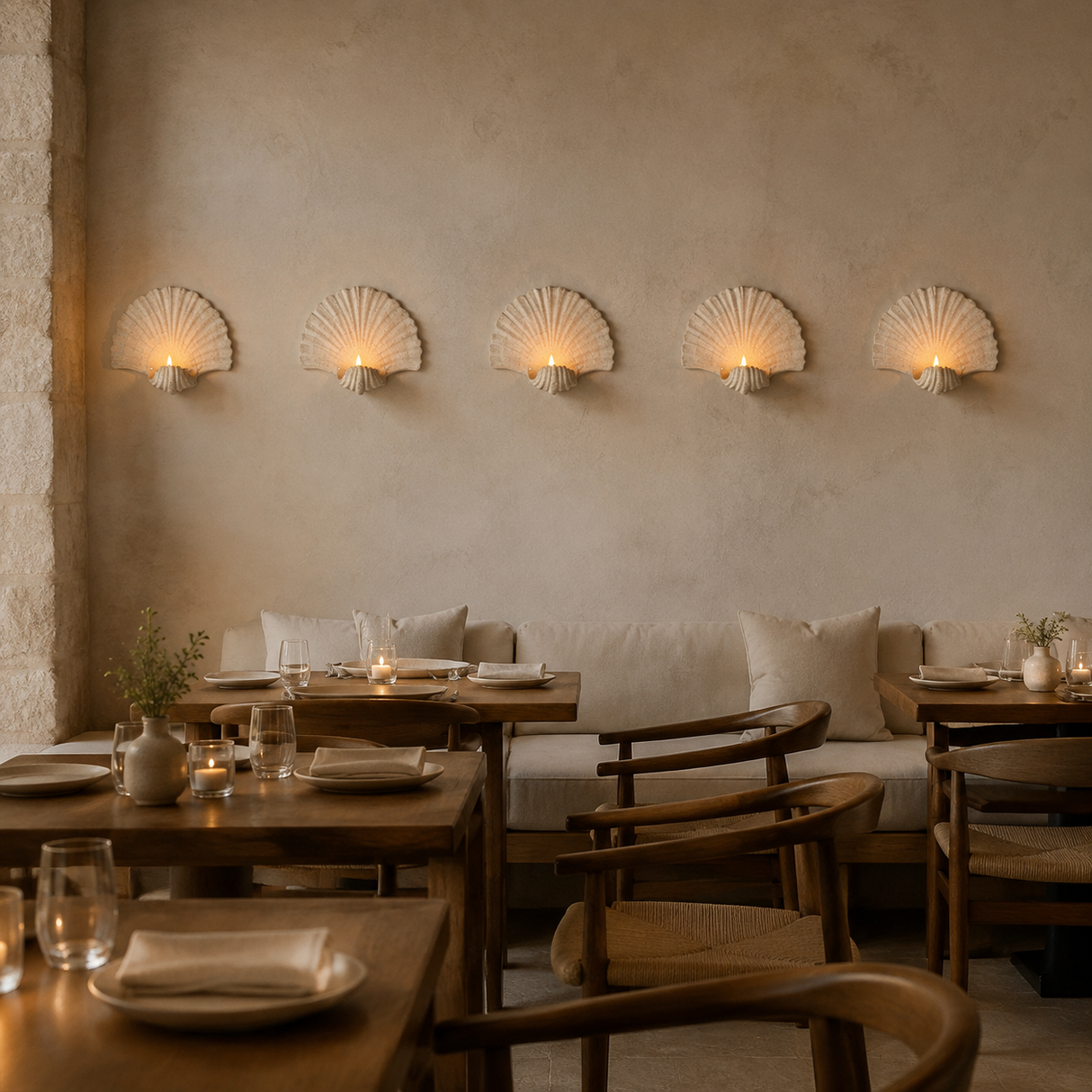 Multiple shell-shaped wall candle holders in a refined restaurant interior