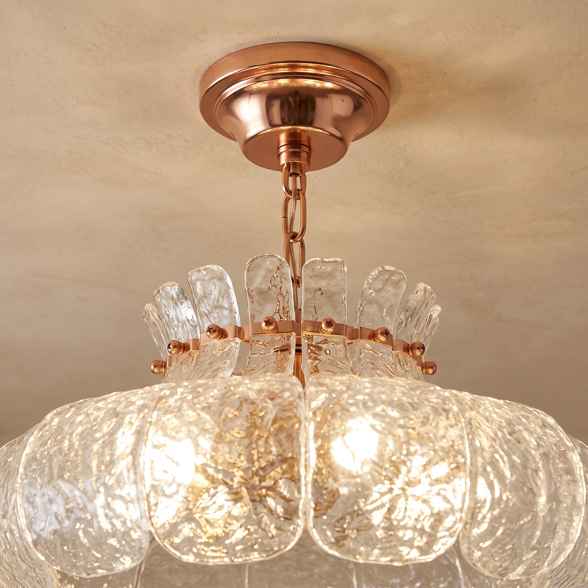 Solenne Ice Glass Chandelier – D40 cm – copper canopy and mounting detail