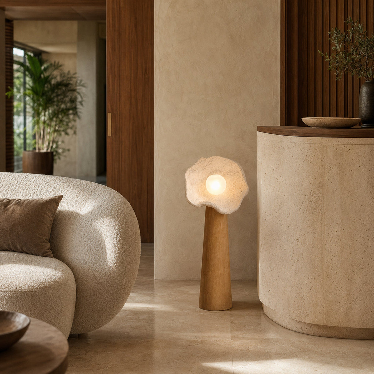 90 cm Japanese Wabi Sabi solid-wood flower lamp in a warm modern interior