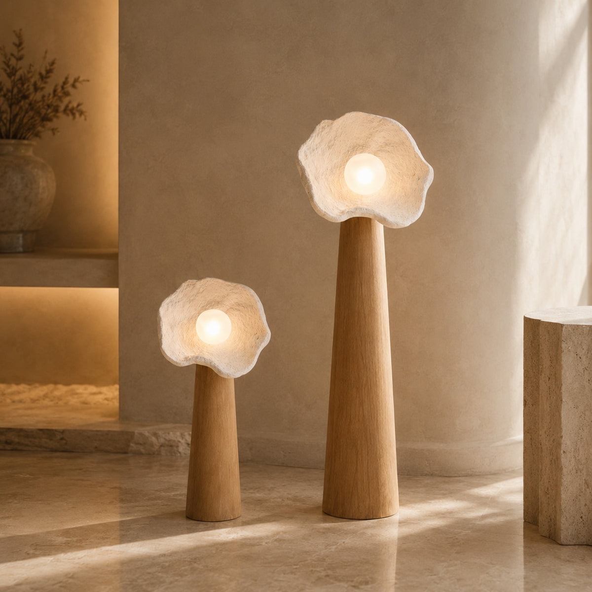 Japanese Wabi Sabi solid-wood flower lamps shown in both sizes