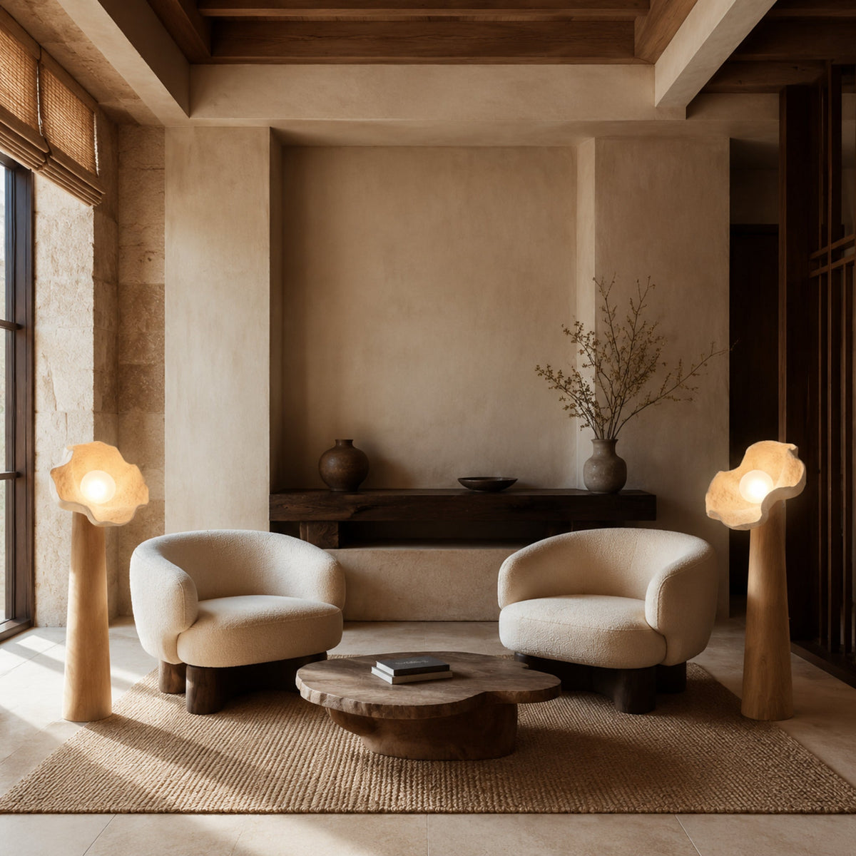 Japanese solid-wood flower lamps styled in multiples in a hotel lounge