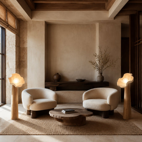 Japanese solid-wood flower lamps styled in multiples in a hotel lounge