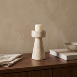 Tavelle Travertine Pedestal Candle Holder – 8.5 x 18 cm – walnut console lifestyle