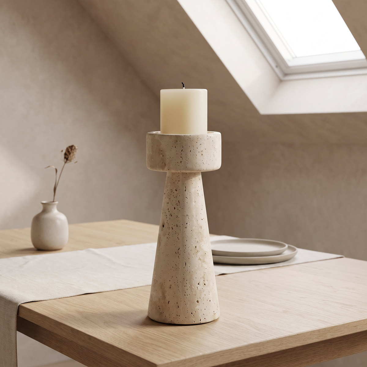Tavelle Travertine Pedestal Candle Holder – 8.5 x 22 cm – oak dining table lifestyle