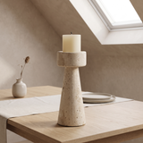Tavelle Travertine Pedestal Candle Holder – 8.5 x 22 cm – oak dining table lifestyle