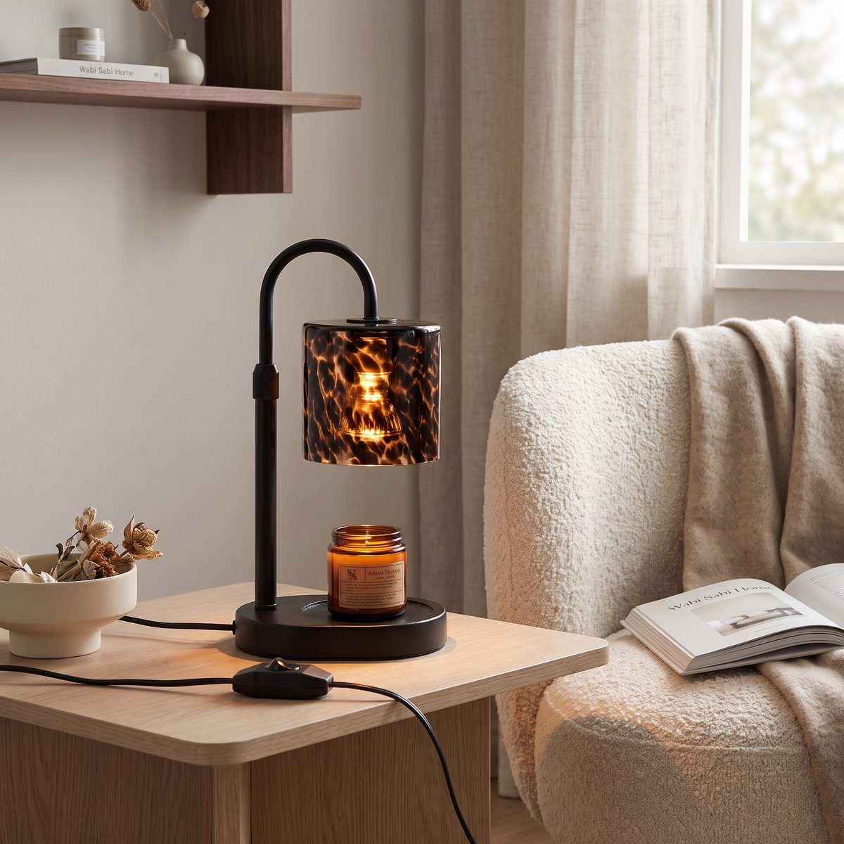 Tessera Glass Candle Warmer Lamp – Smart switch B – Japandi living room lifestyle with unlit candle