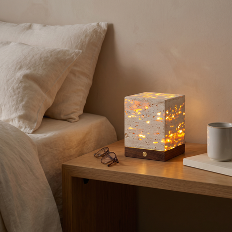 Travertine LED Night Light – Variant B – proportional bedroom bedside setting
