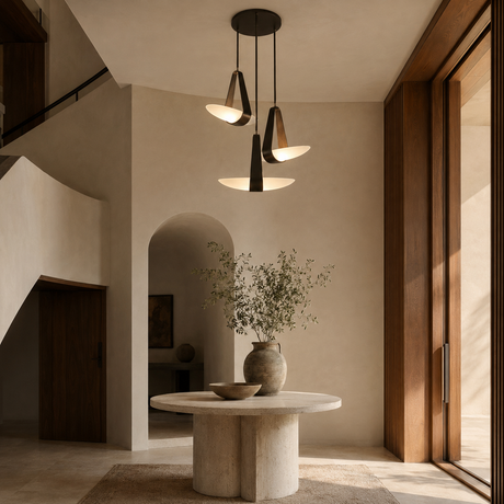 Three modern pendant lights with black metal frames and warm glowing shades hang over a round stone table in a minimalist, warm-toned interior with beige walls and wood accents.