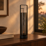 Black upside-down incense holder with smoke-tinted glass ash catcher on a walnut console