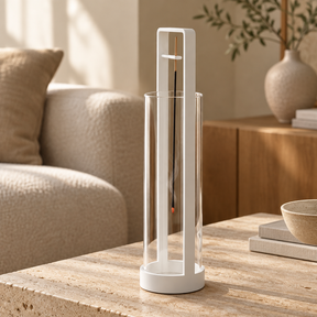 White upside-down incense holder with clear glass ash catcher in a warm Japandi living room