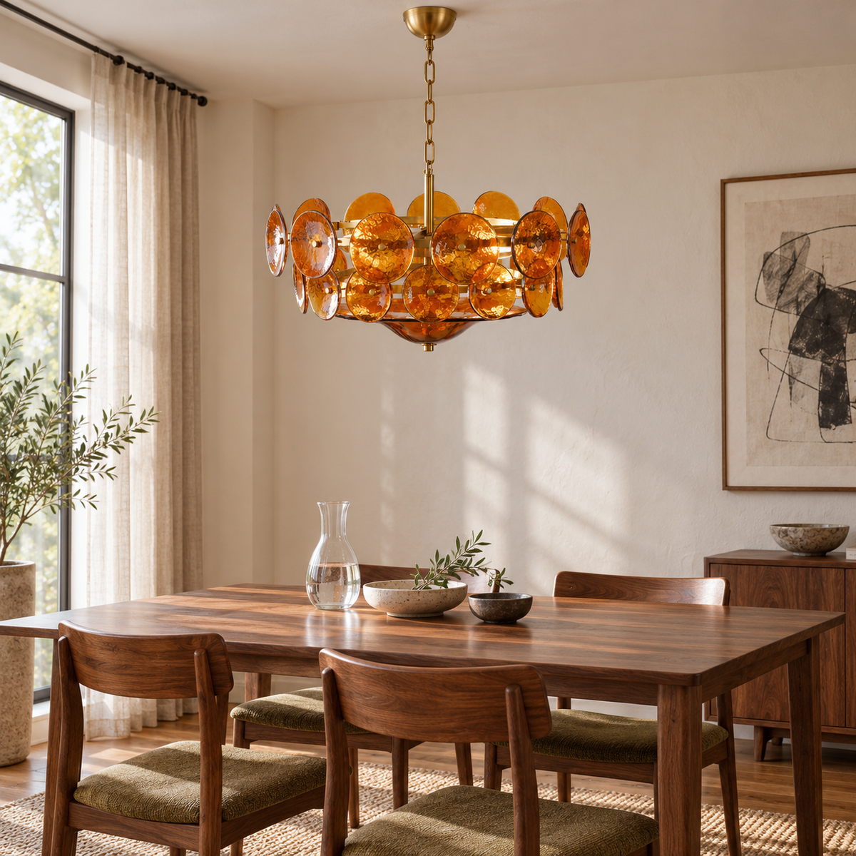 Velari Disc Orange Glass Chandelier with amber glass discs and gold hardware above a walnut dining table in a sunlit room.