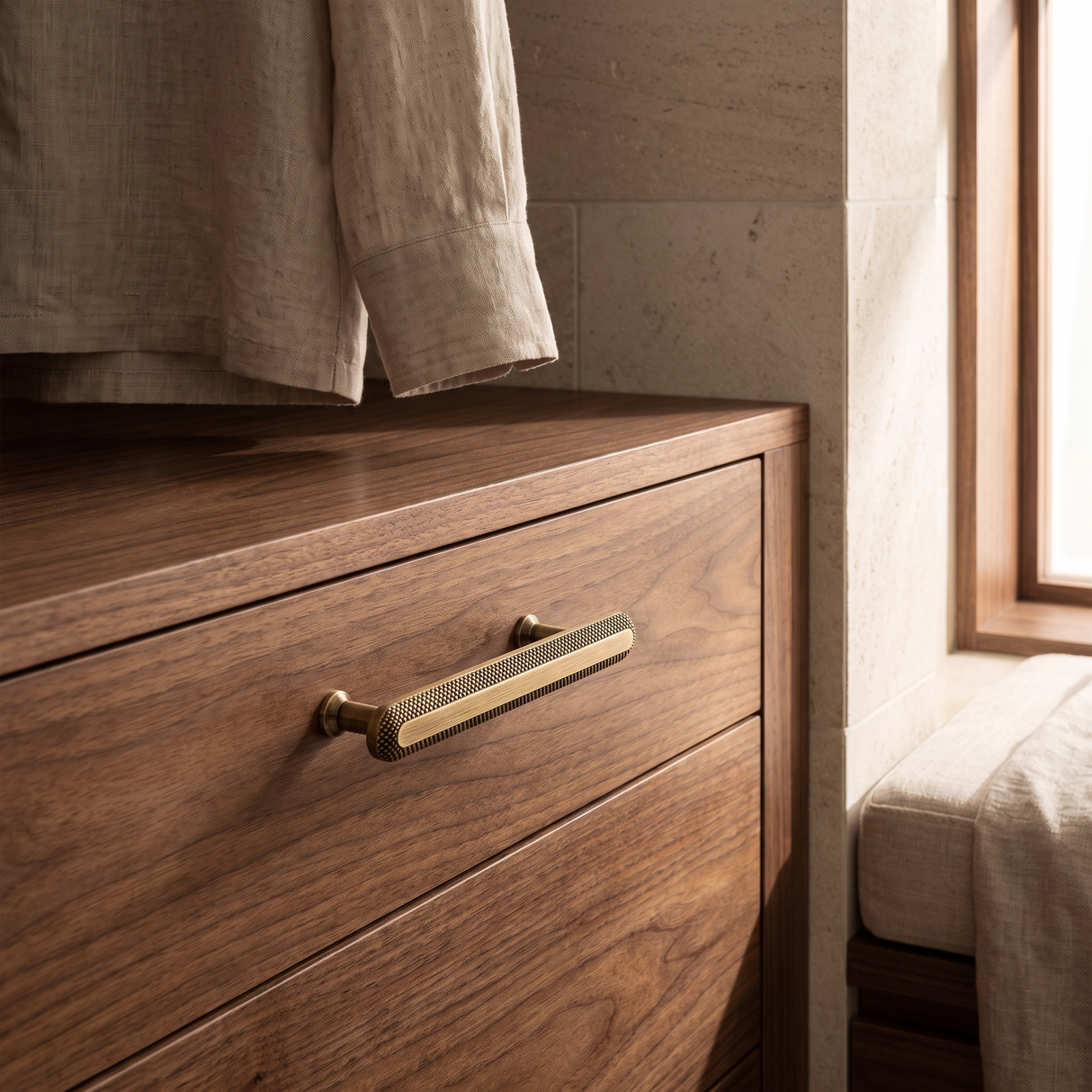 Veyra solid brass medium cabinet pull with knurled antique bronze finish on walnut cabinetry
