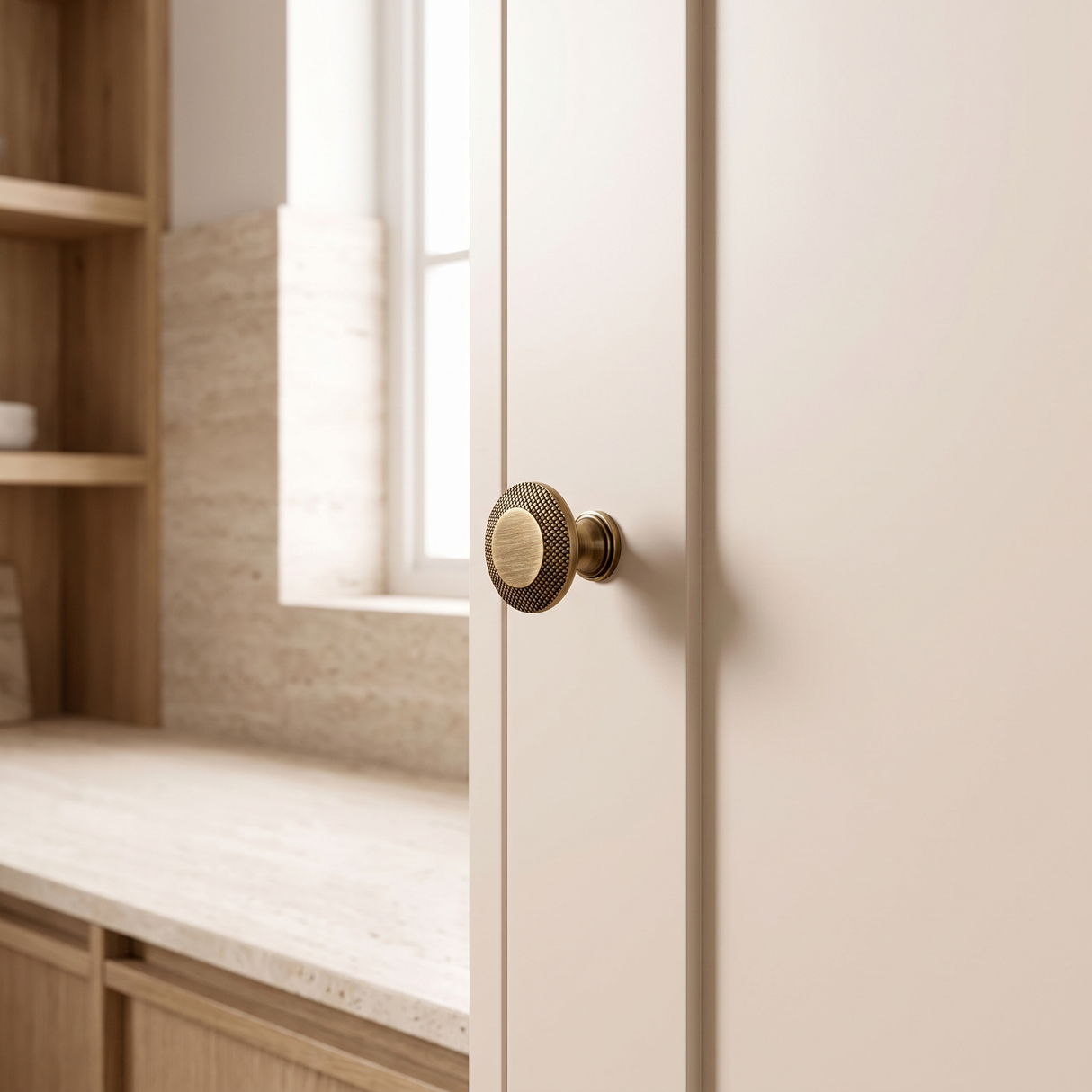 Veyra solid brass round cabinet knob installed on natural oak kitchen cabinetry
