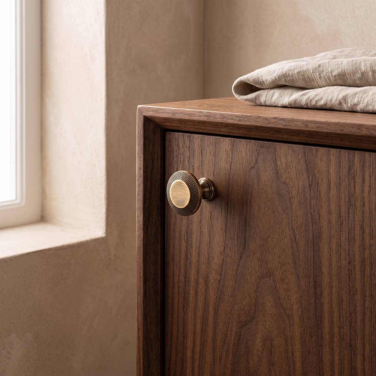 Veyra solid brass round cabinet knob installed on refined walnut wardrobe cabinetry
